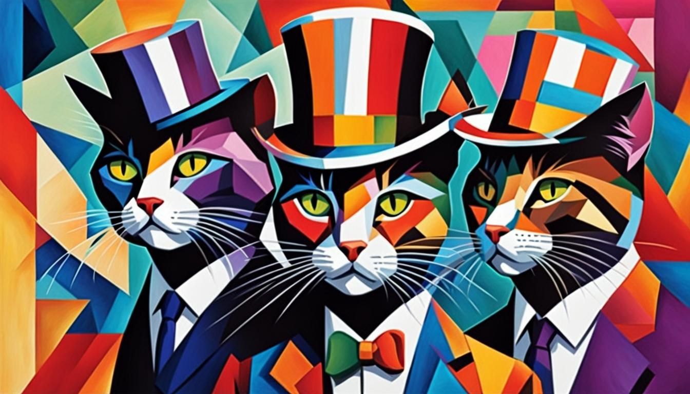 Cubist Cats in Top Hat: Geometric Fauvism Art