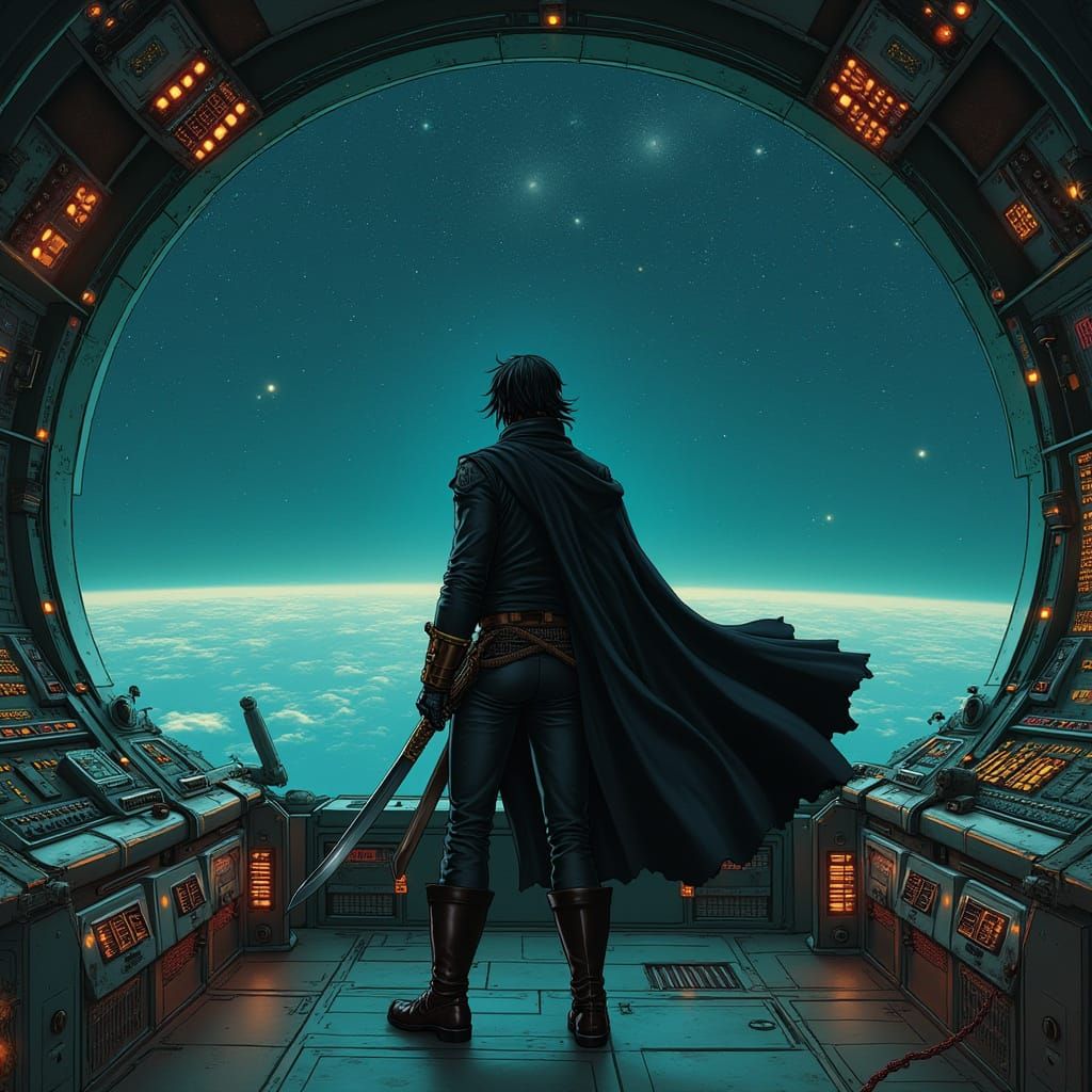 Retro-Futuristic Space Pirate Captain on Pirate Star Cruiser...