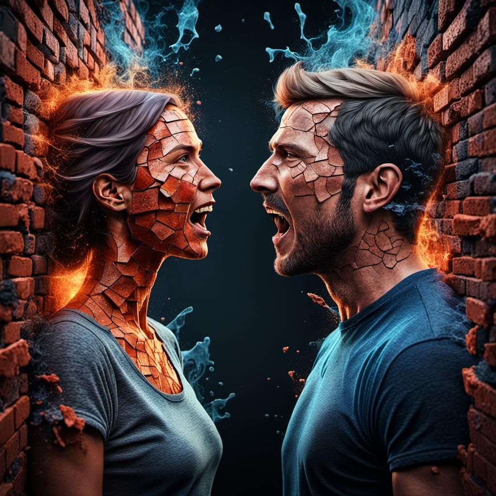 Screaming Couple Separated by Brick Wall in Matte Painting