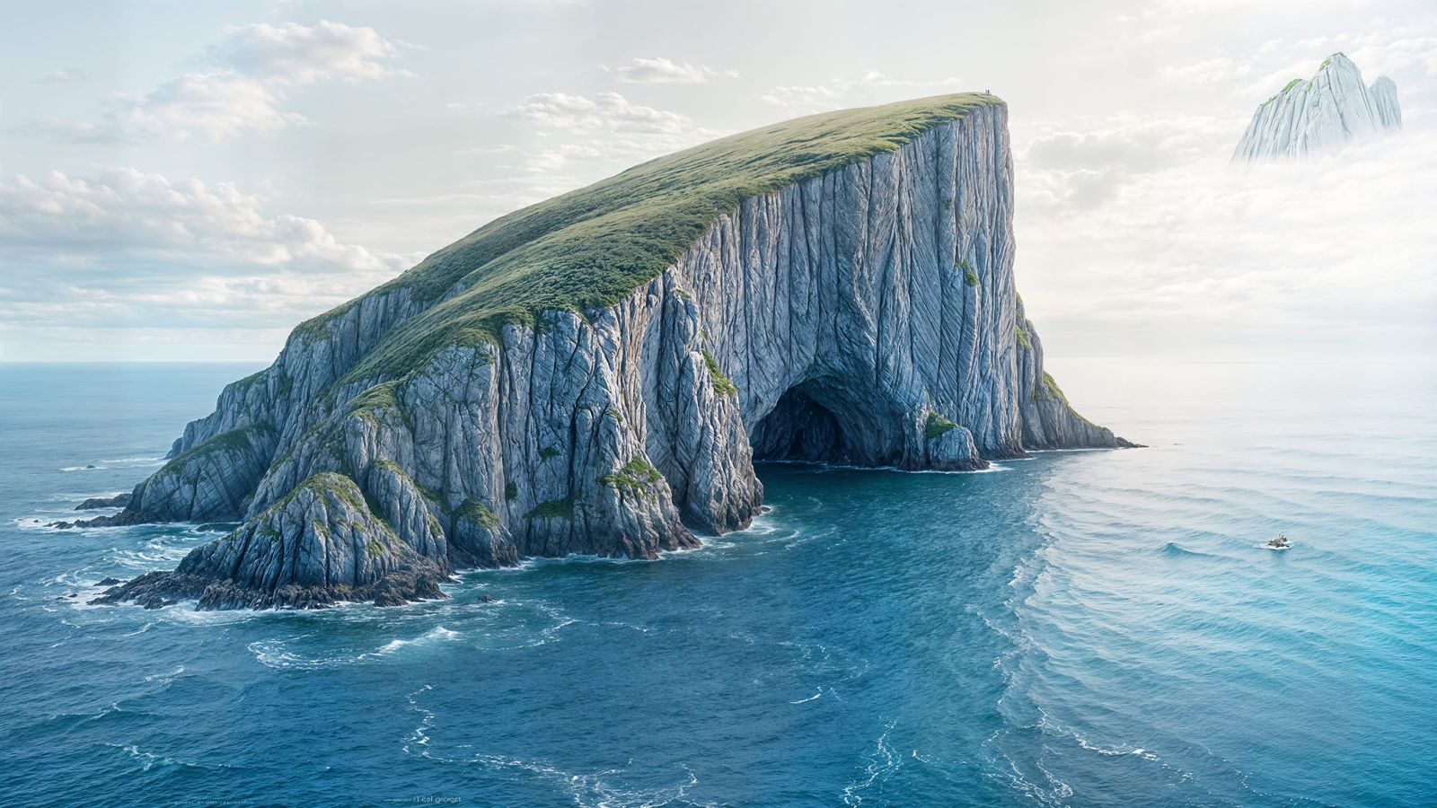 The pierced rock in Gaspé Québec, Canada bathed in a soft light, with shades of pastel watercolor that accentuate the te...