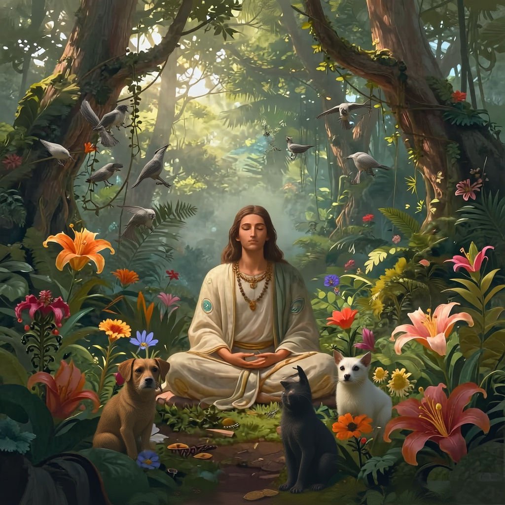 Saint Meditating in Lush Jungle with Exotic Flowers