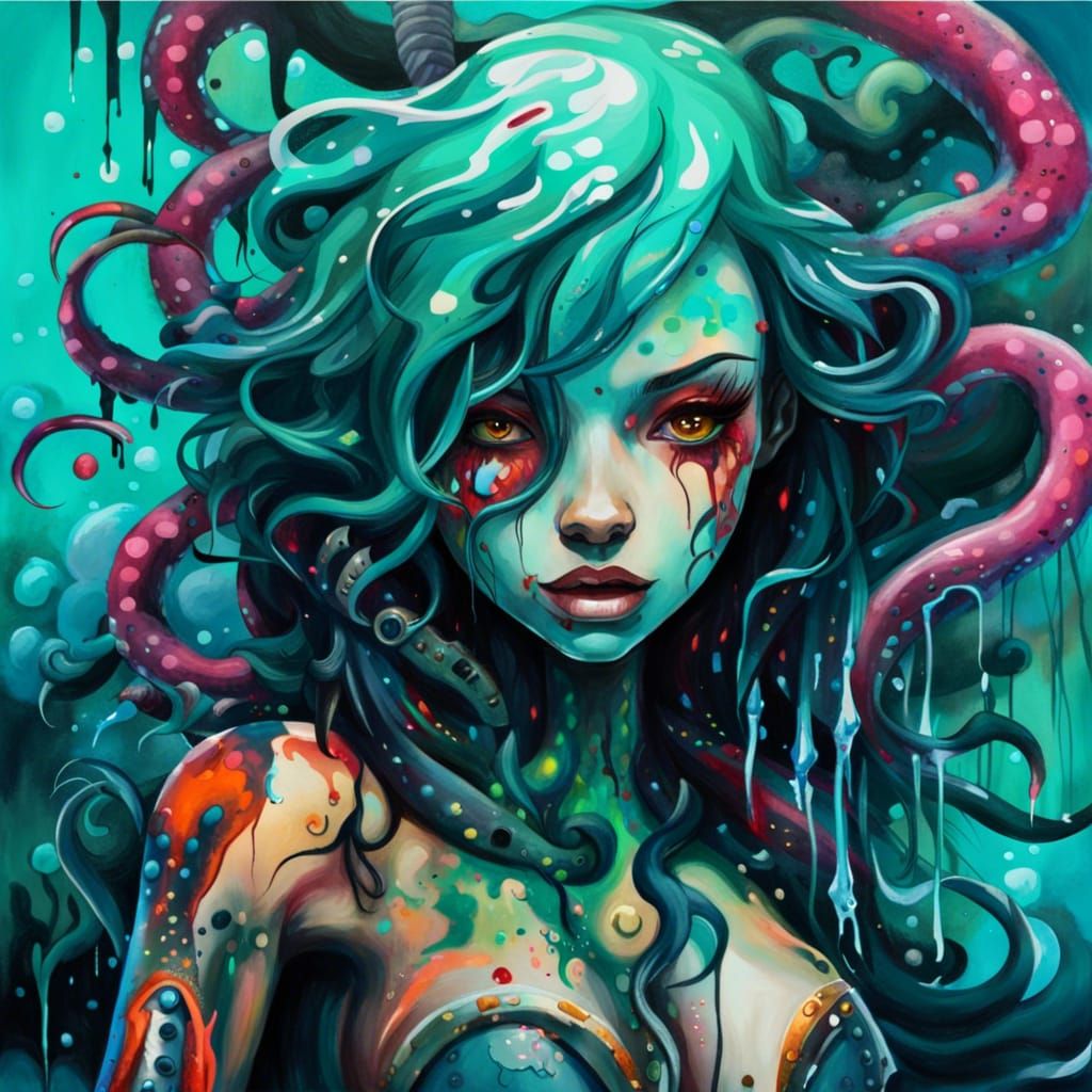 Sea Monster Girl with Tentacles in Graffiti Art