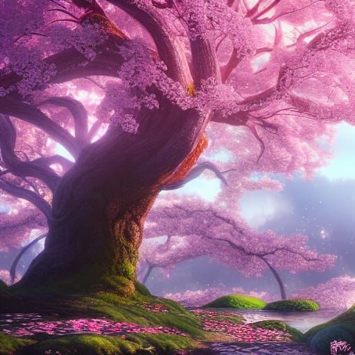 Beautiful Sakura Tree in Magical Fantasy Landscape