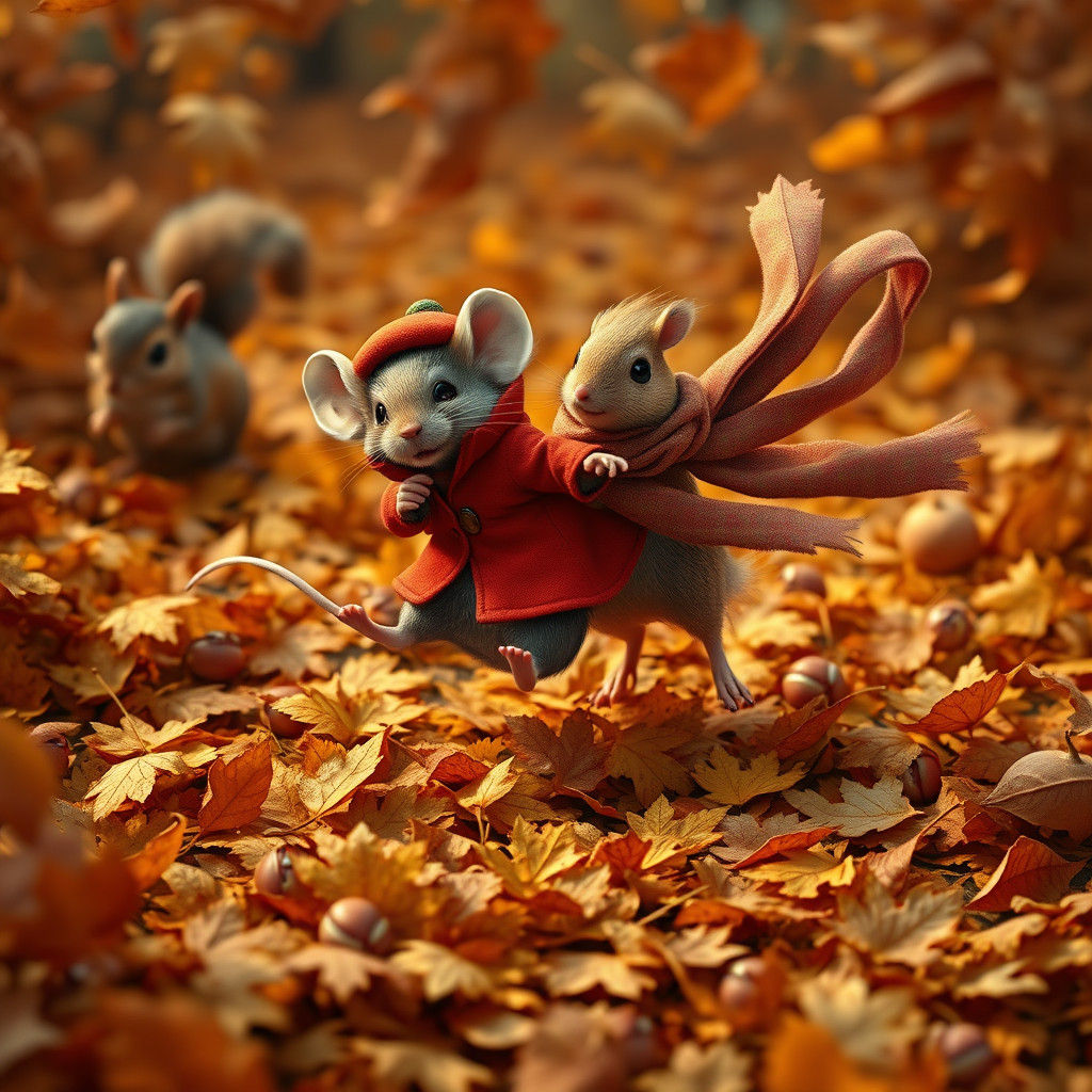 Mouse and Bird Frolic in Autumn Leaves