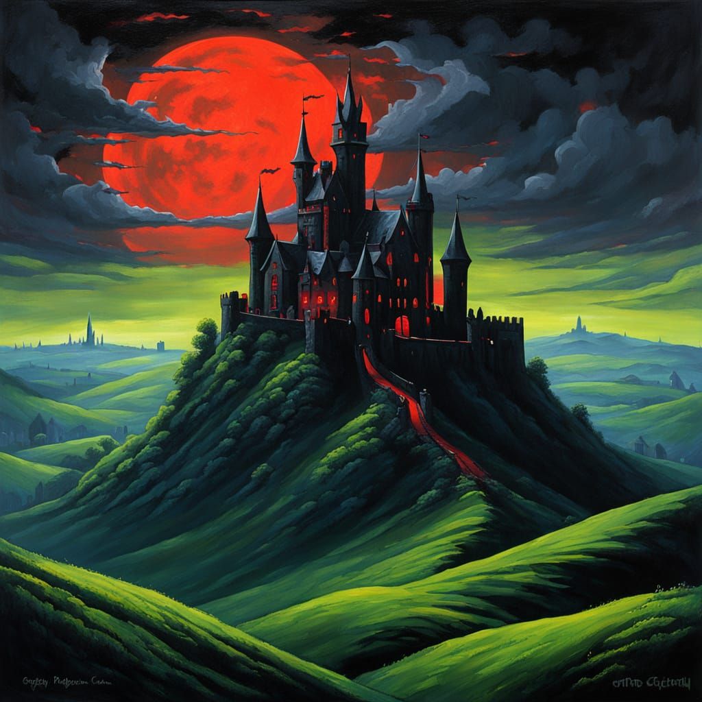 Fantasy Castle Painting with Red Glow