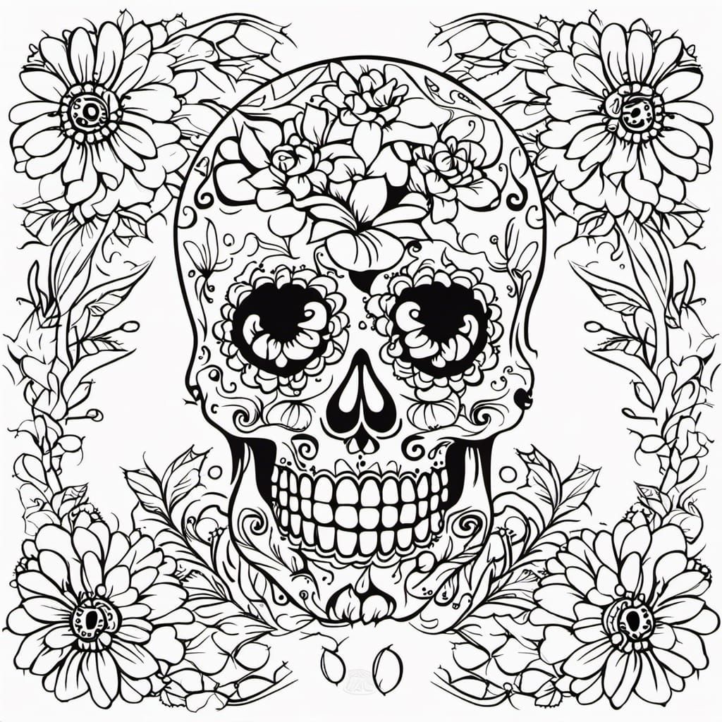 Intricate Marigold Sugar Skull Coloring Page Illustration