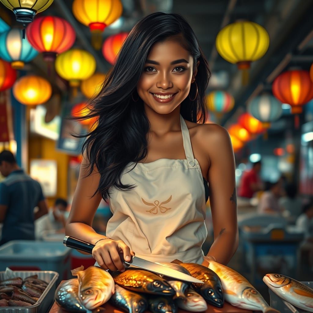 Confident Pinay Fish Vendor in Night Market