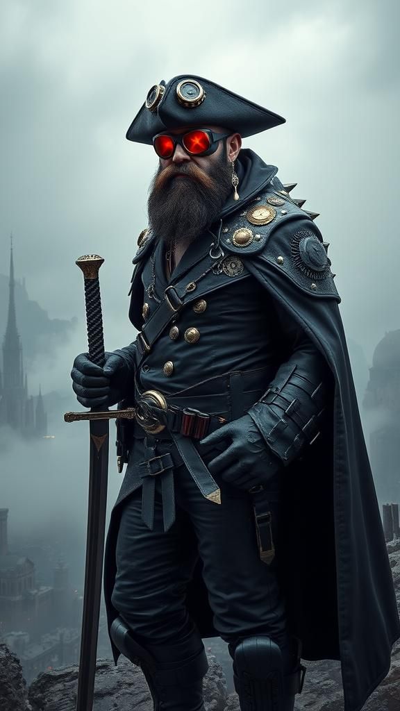 Steampunk Thug with LED Goggles in Ocean Cityscape