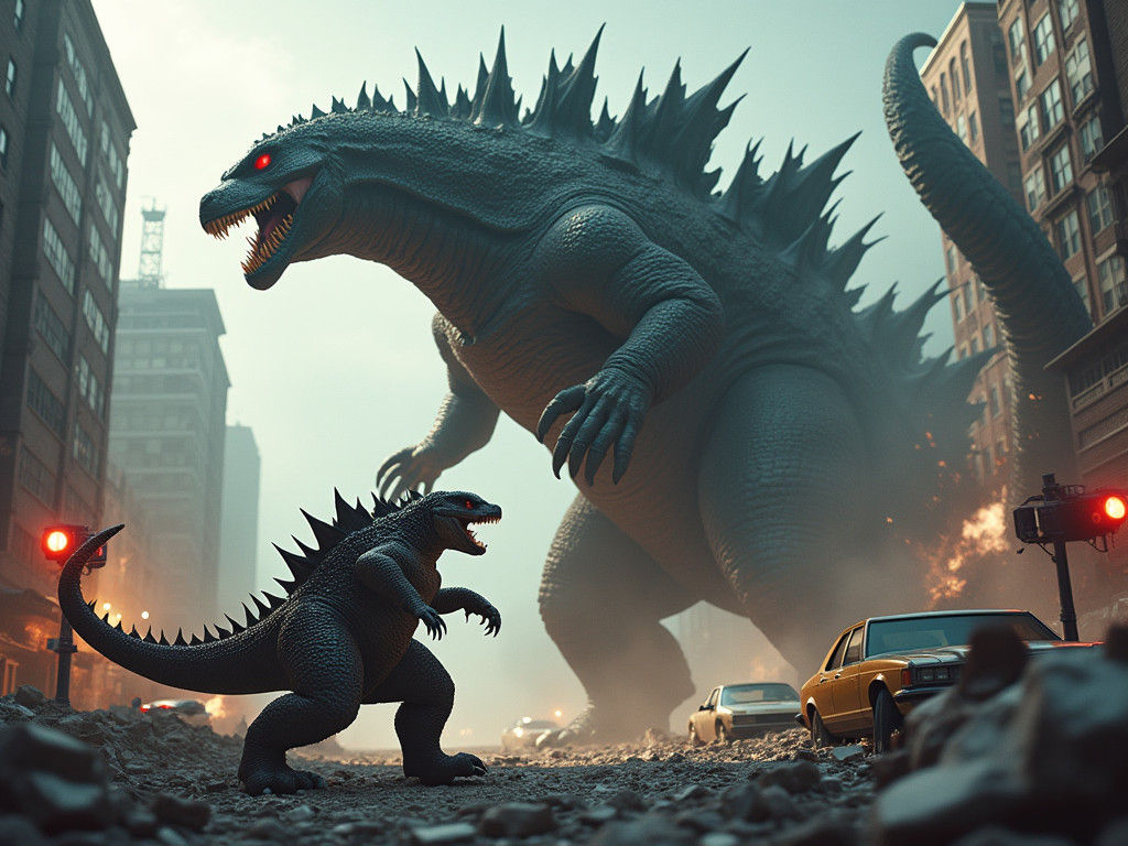 Godzilla and Creature Wreak Havoc on Cityscape