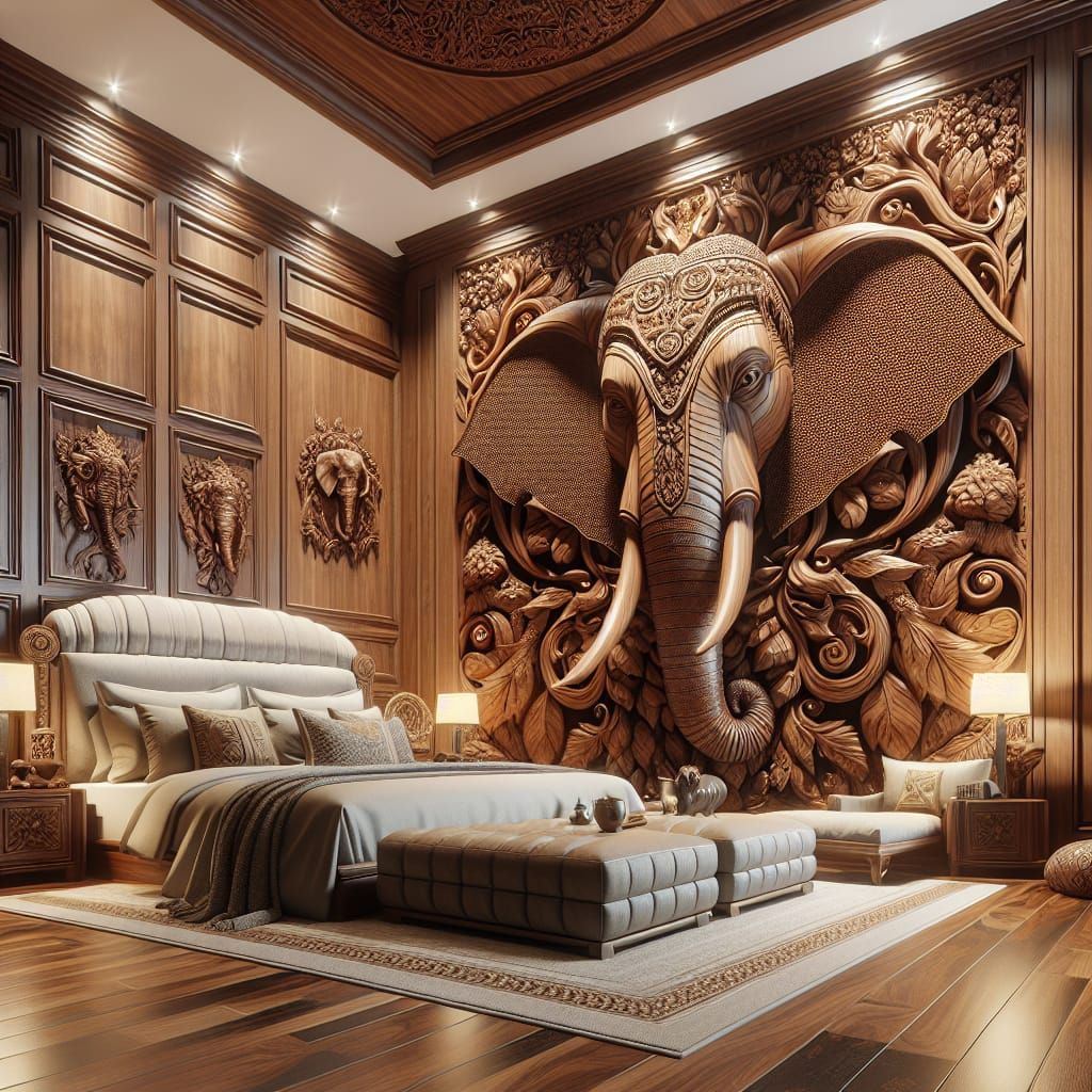 Opulent Bedroom with Carved Wooden Elephant Head