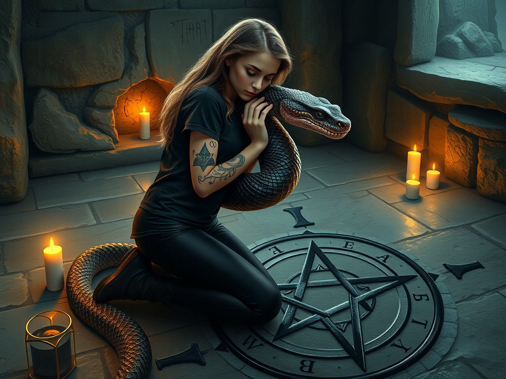 Young Witch with Serpent in Mystical Chamber