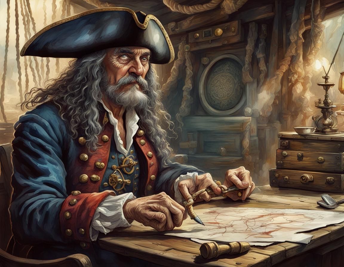 Old Pirate with Treasure Map in Watercolor Style