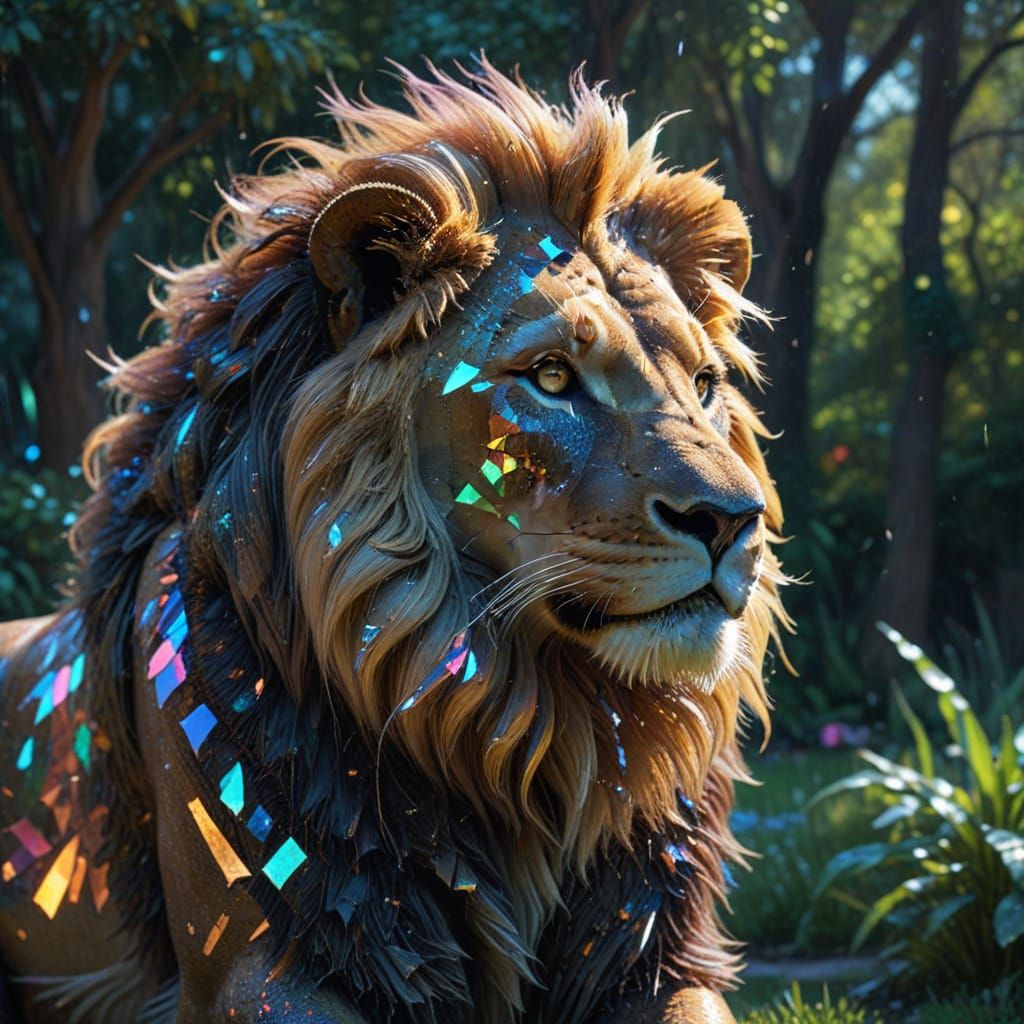 Majestic Lion Portrait in Glitch Art Style