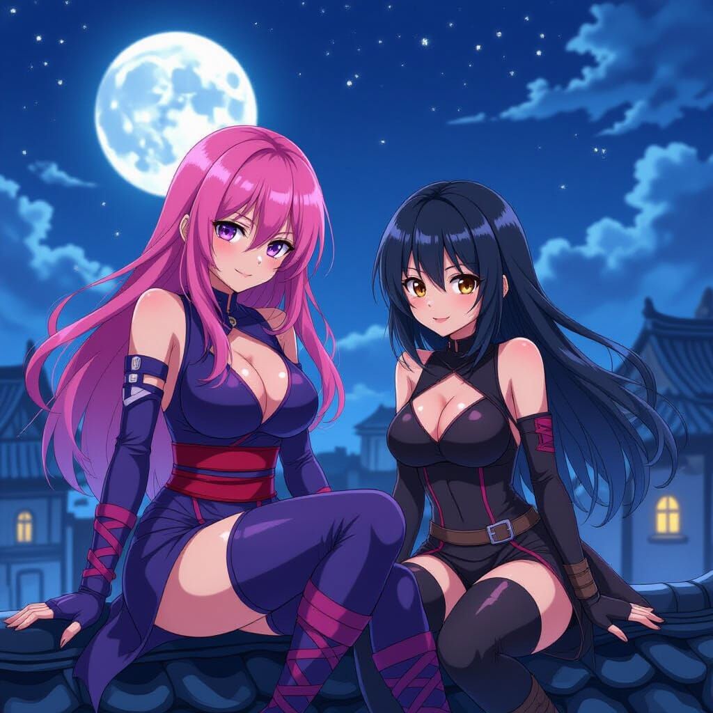 Pink and Black Haired Ninjas on Rooftop in Moonlight