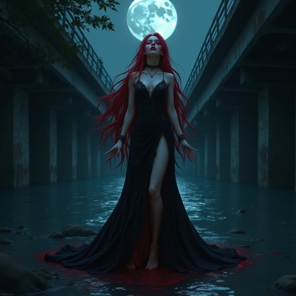 Japanese Vampire Woman in Ecstasy, Gothic Fantasy Oil Painti...