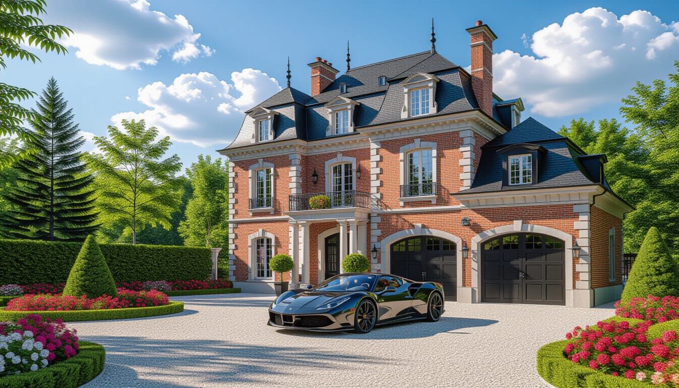 Grand Brick Chateau with Sportscar and Gardens