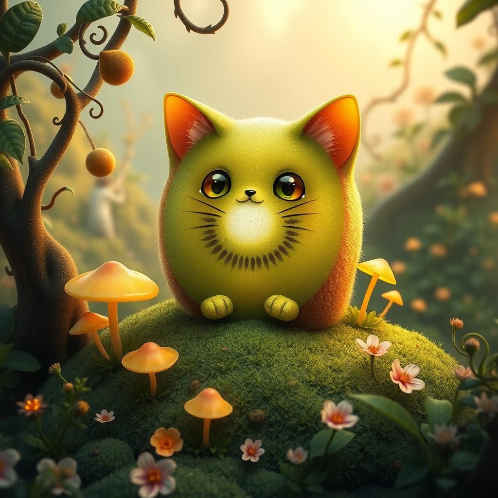 Kiwifruit Cat in Lush Fantasy Landscape