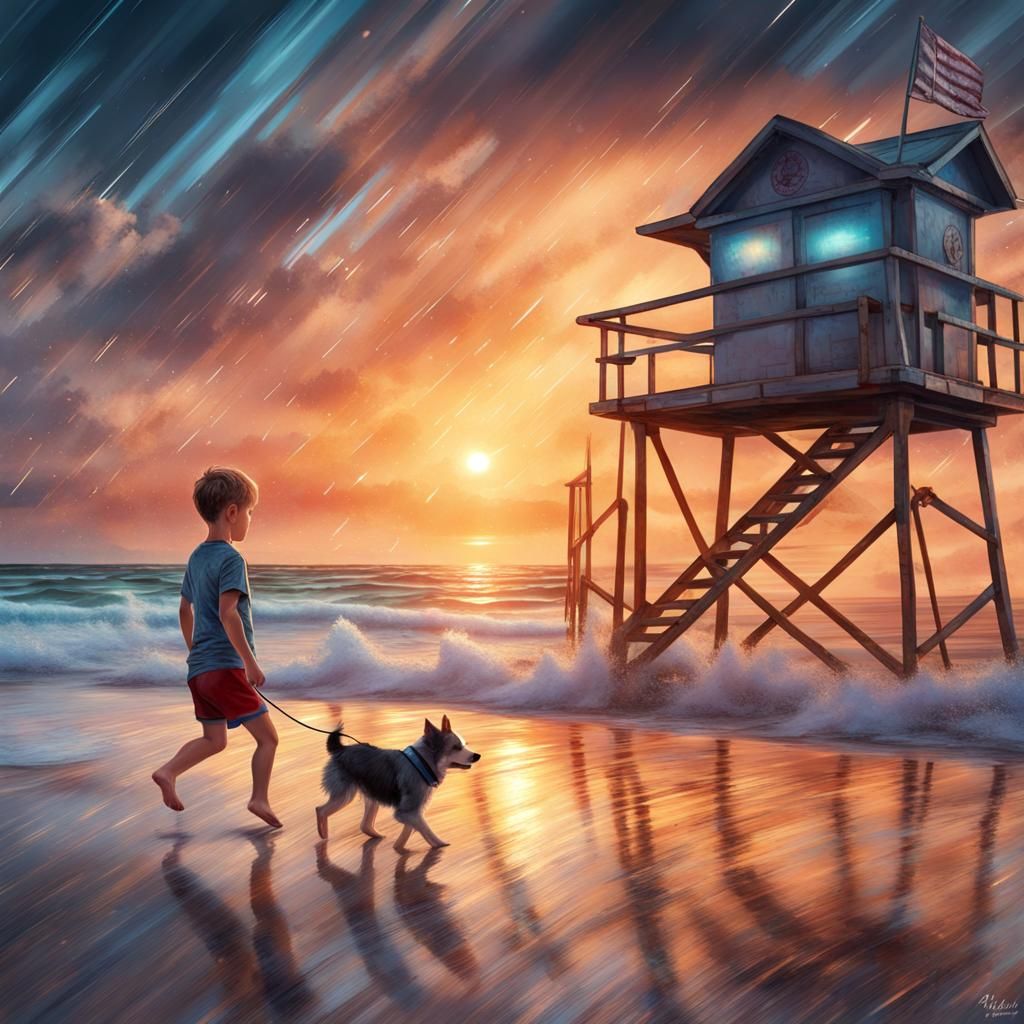 Boy and Dog on Mystical Sunrise Beach