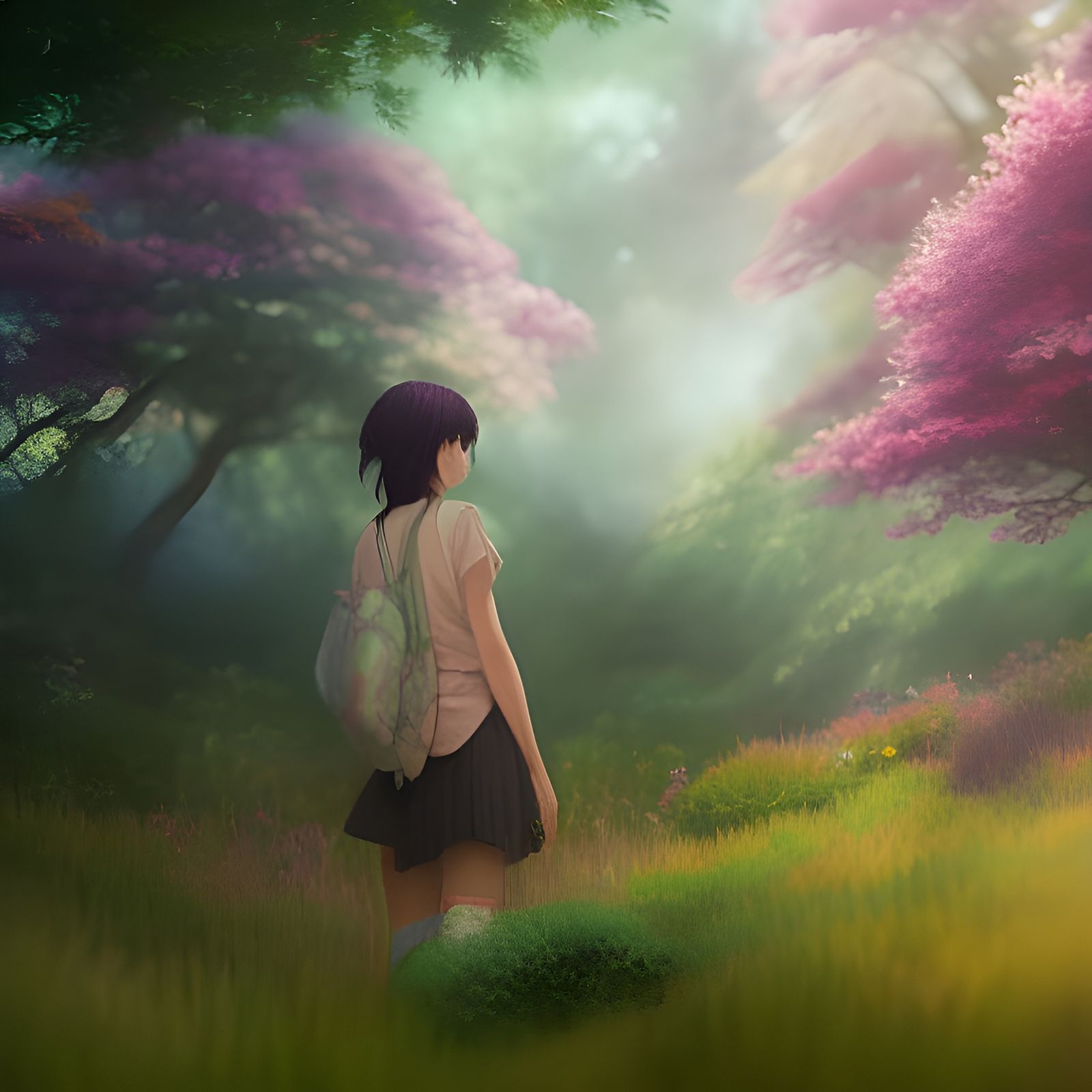 Anime Girl in Garden with Greens and Purples