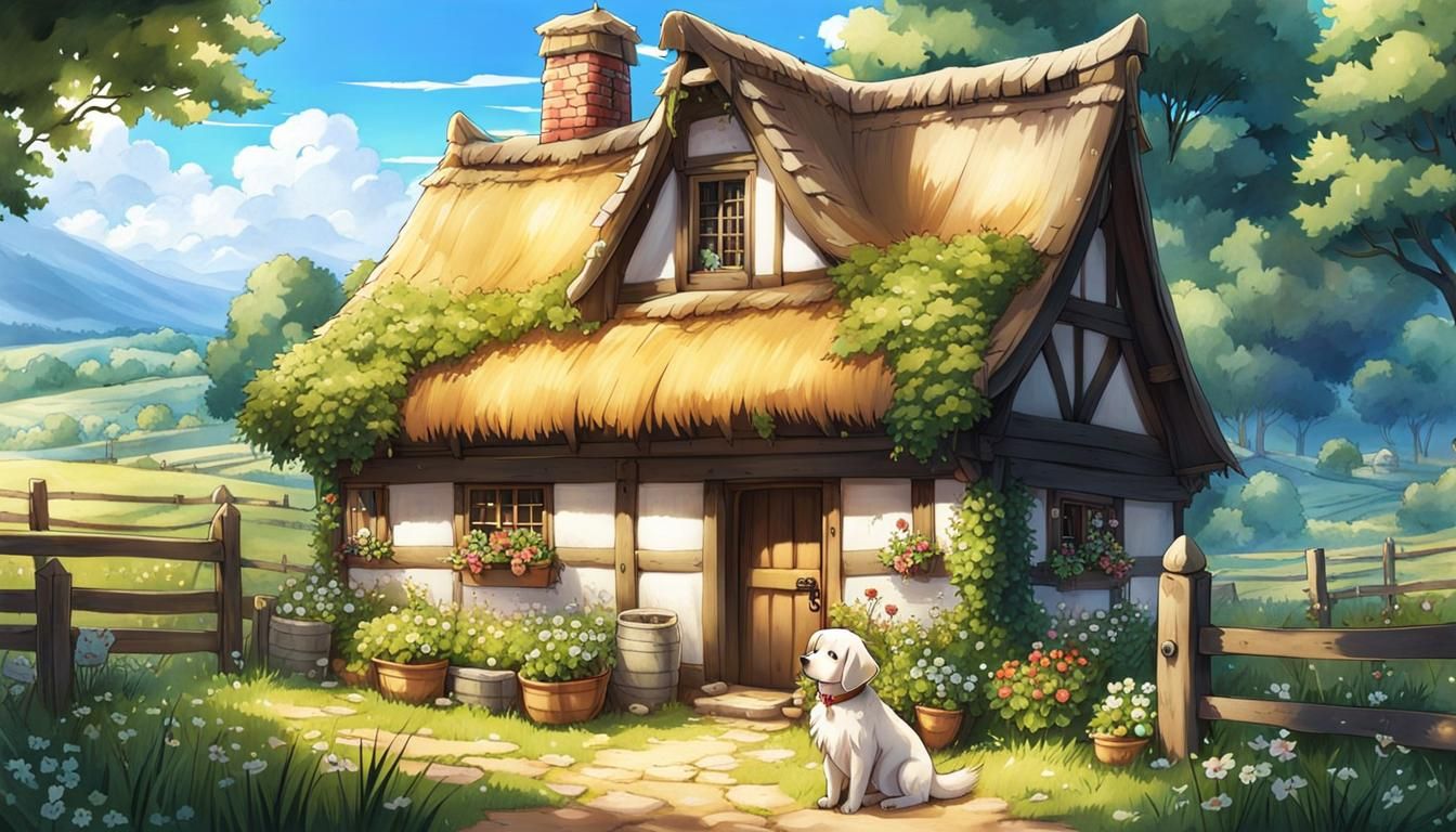 Medieval Farm Cottage with Dog in Anime Style