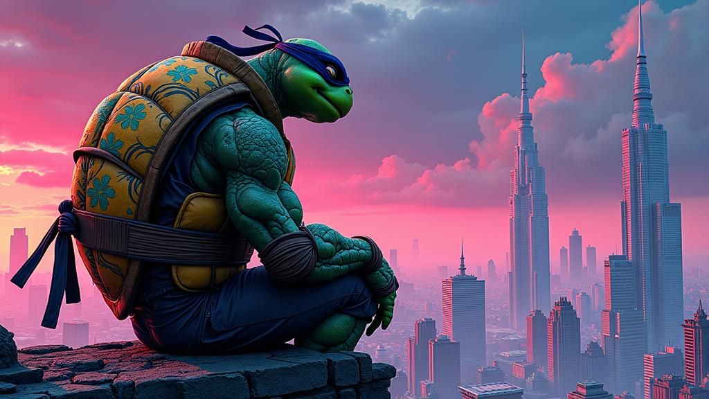 Ninja Turtle in Dystopian Anime Cityscape