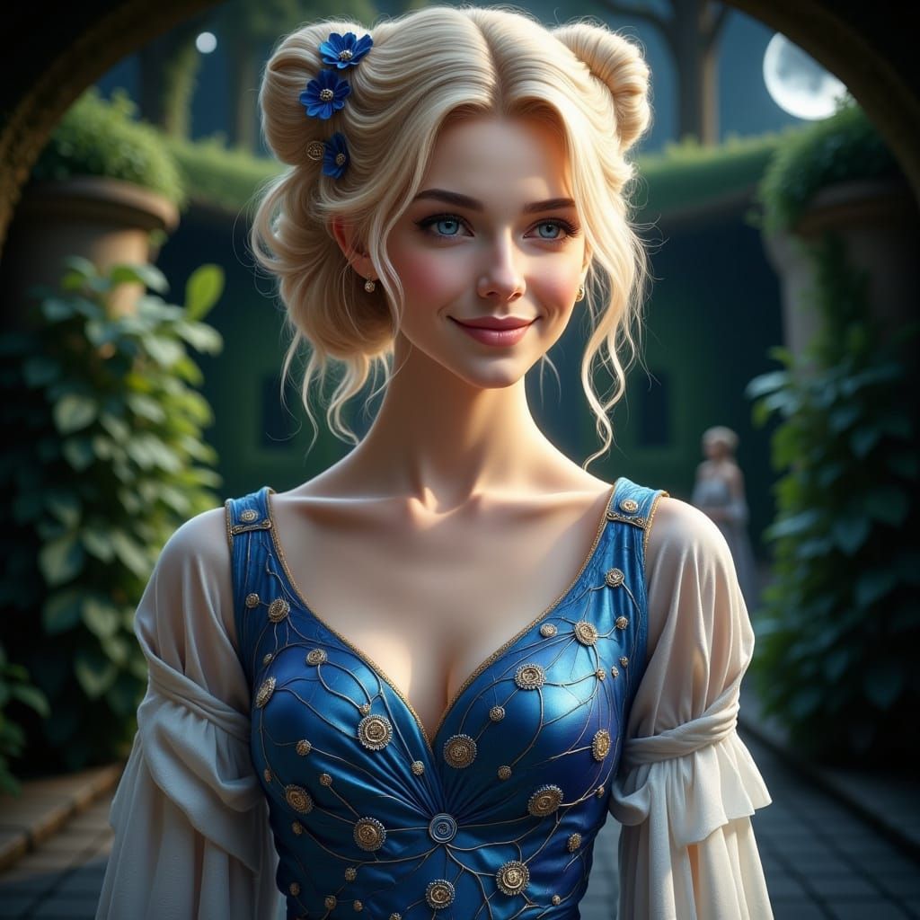 Elegant Blonde Woman in Moonlit Garden