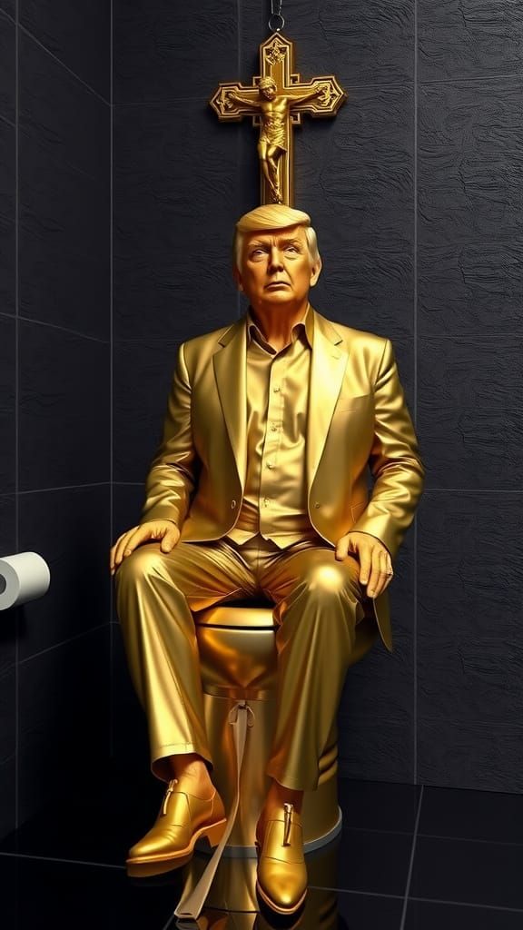 Gilded Statue on Toilet in Photorealistic Style