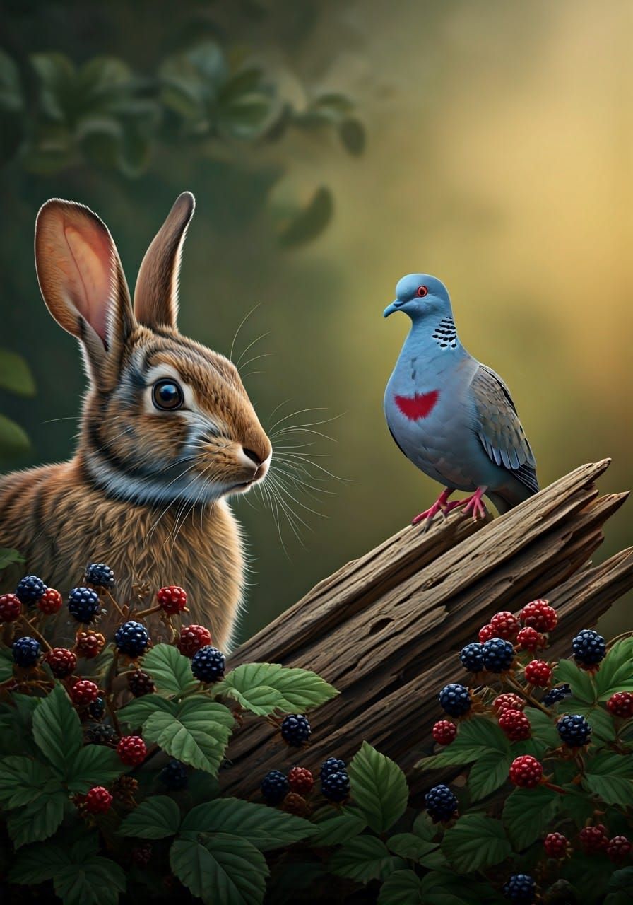 Majestic Dove Amidst Blackberry Bushes in Soft, Warm Light