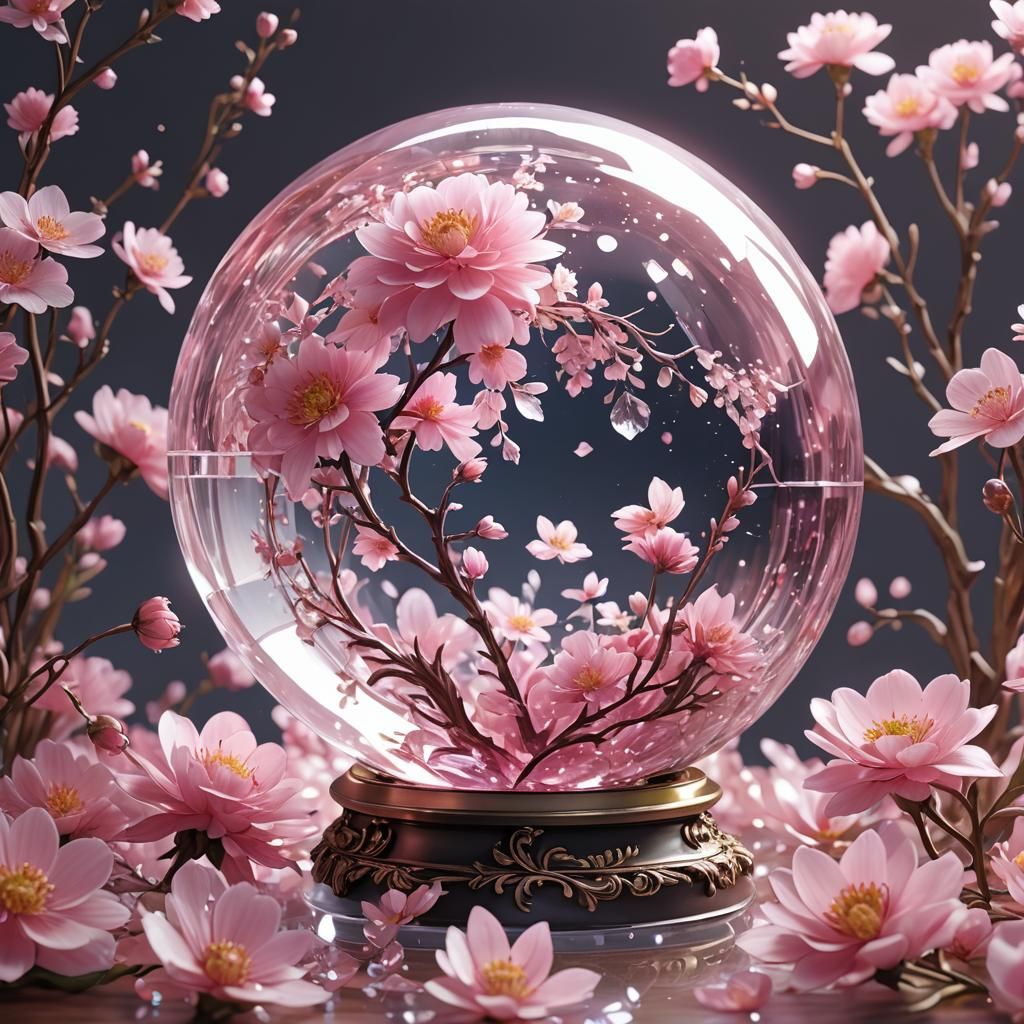 Crystal Globe with Pink Flowers: 3D Anime Art