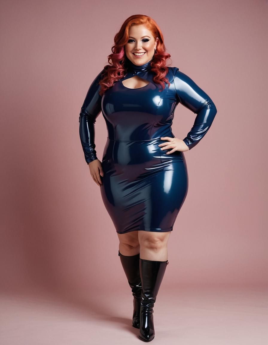 Young Woman in Pink and Blue Latex Outfit