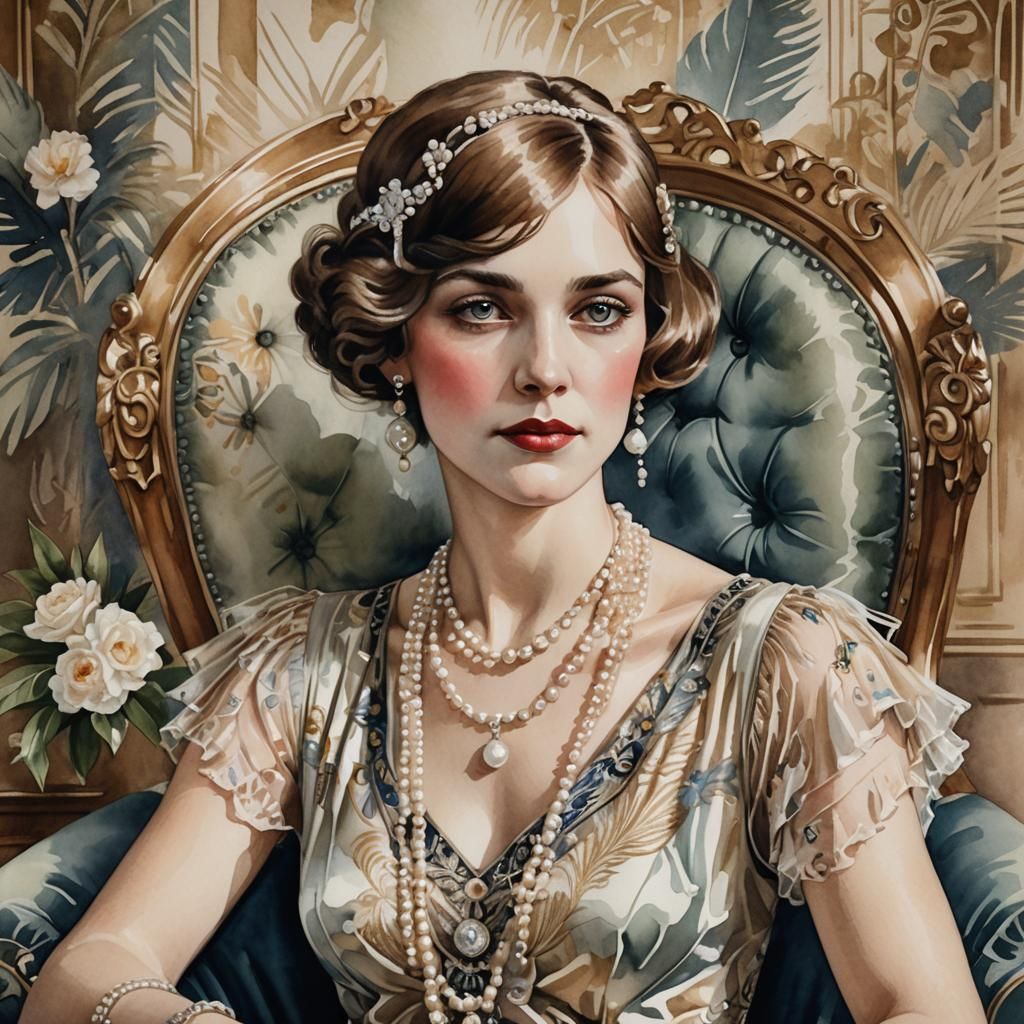 Art Deco Watercolor Portrait of 1920s Woman