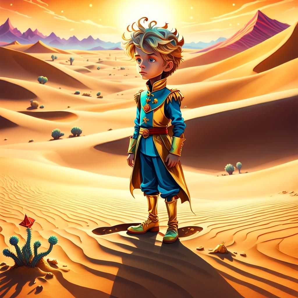 Little Prince in Whimsical Desert Landscape