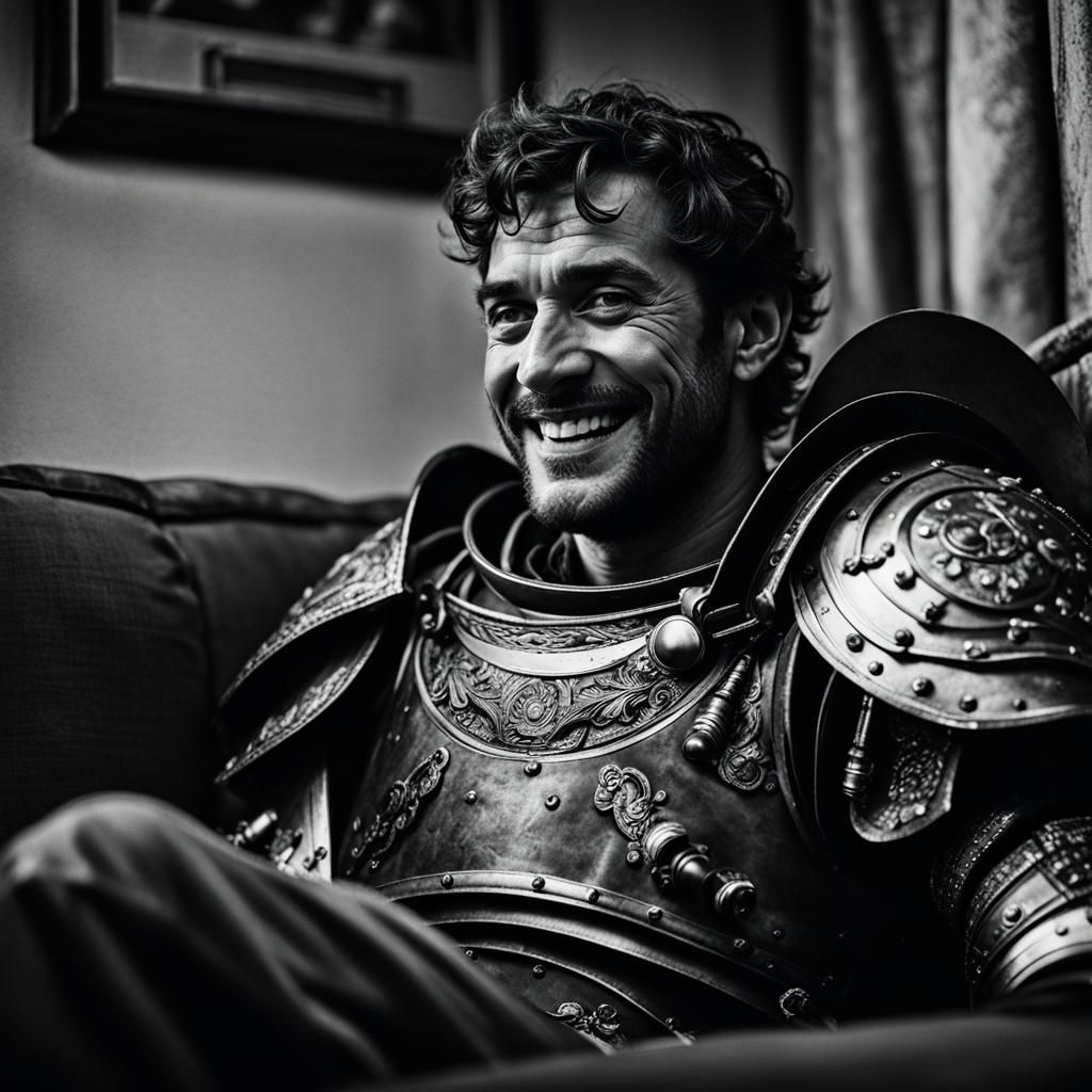 Smiling Roman Man Watching TV in Charcoal Style