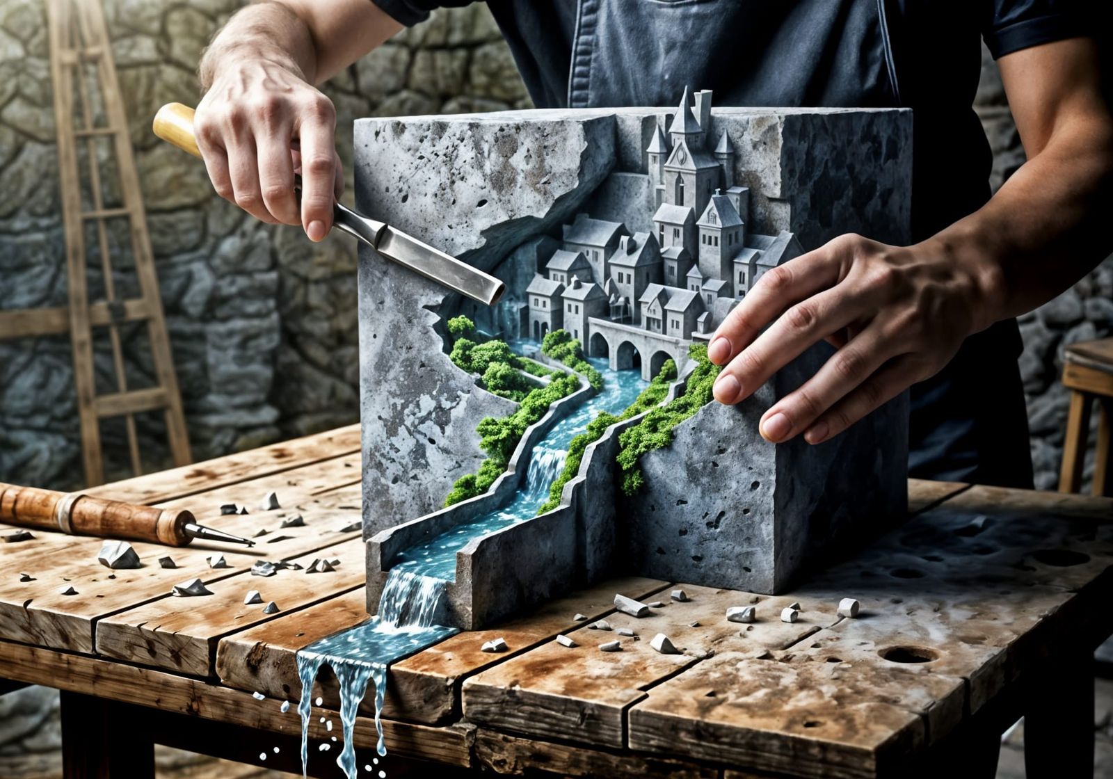 Sculptor's Hands Carve Living City from Stone