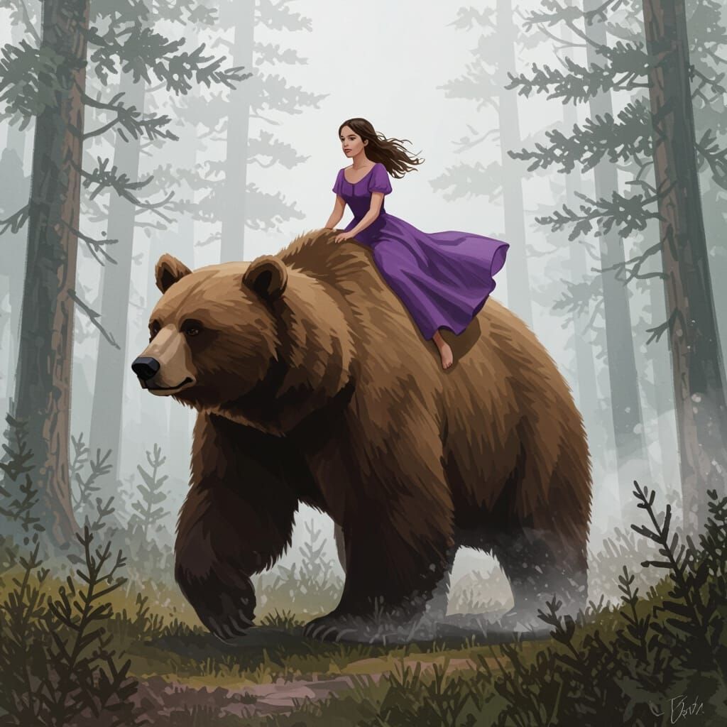 Girl Rides Bear in Misty Forest, Digital Painting
