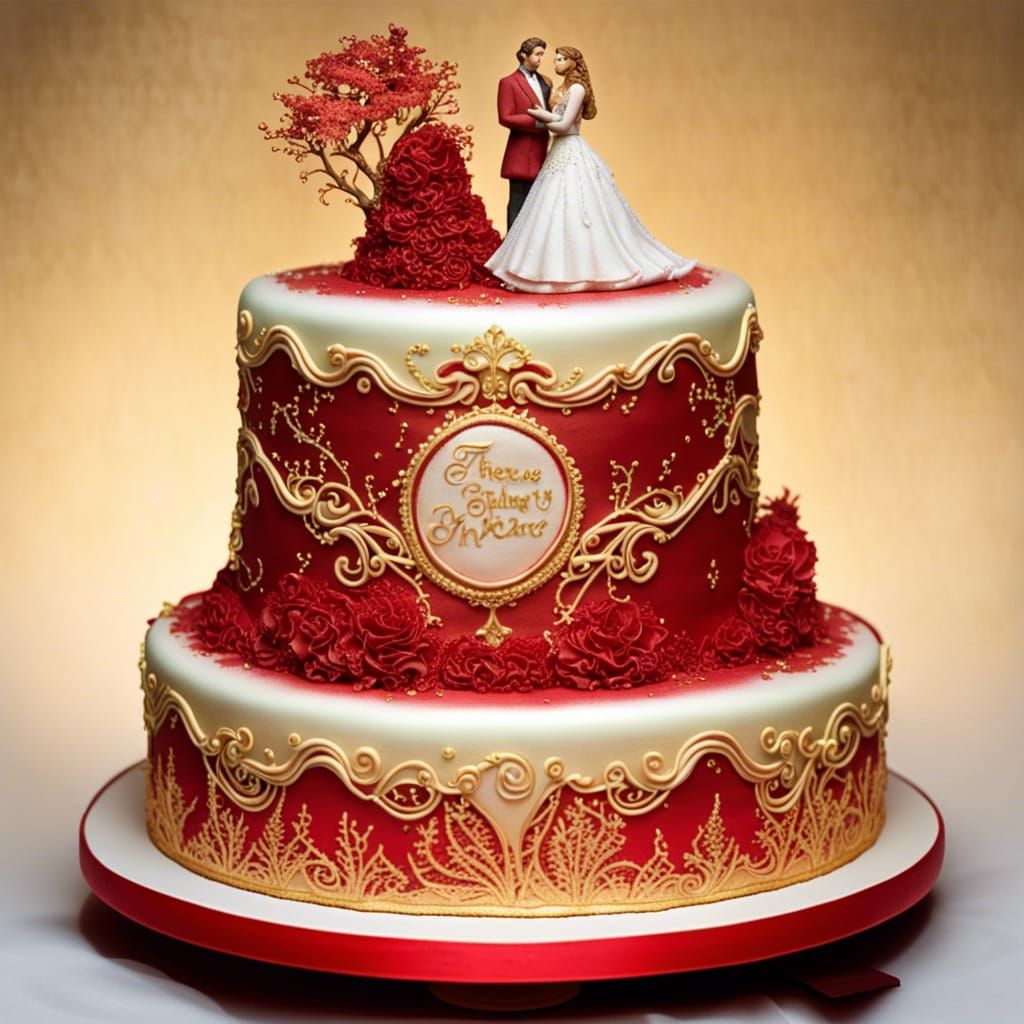 Five-Tiered Red Fondant Cake with Gold Design