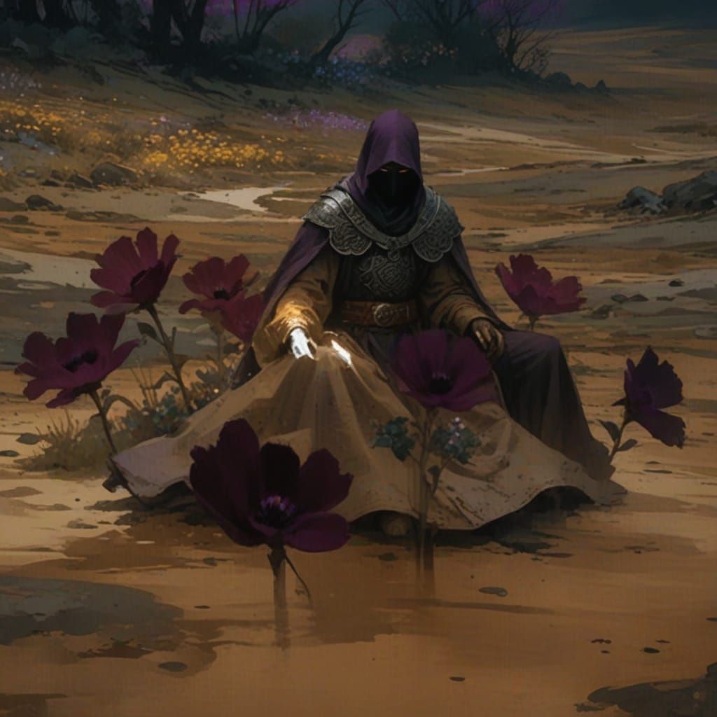 Mysterious Ink Art Figure Amidst Vibrant Purple Blooms