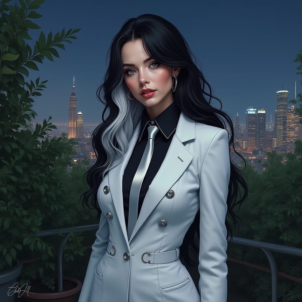 Hyperrealistic Woman in Armani Suit at Midnight