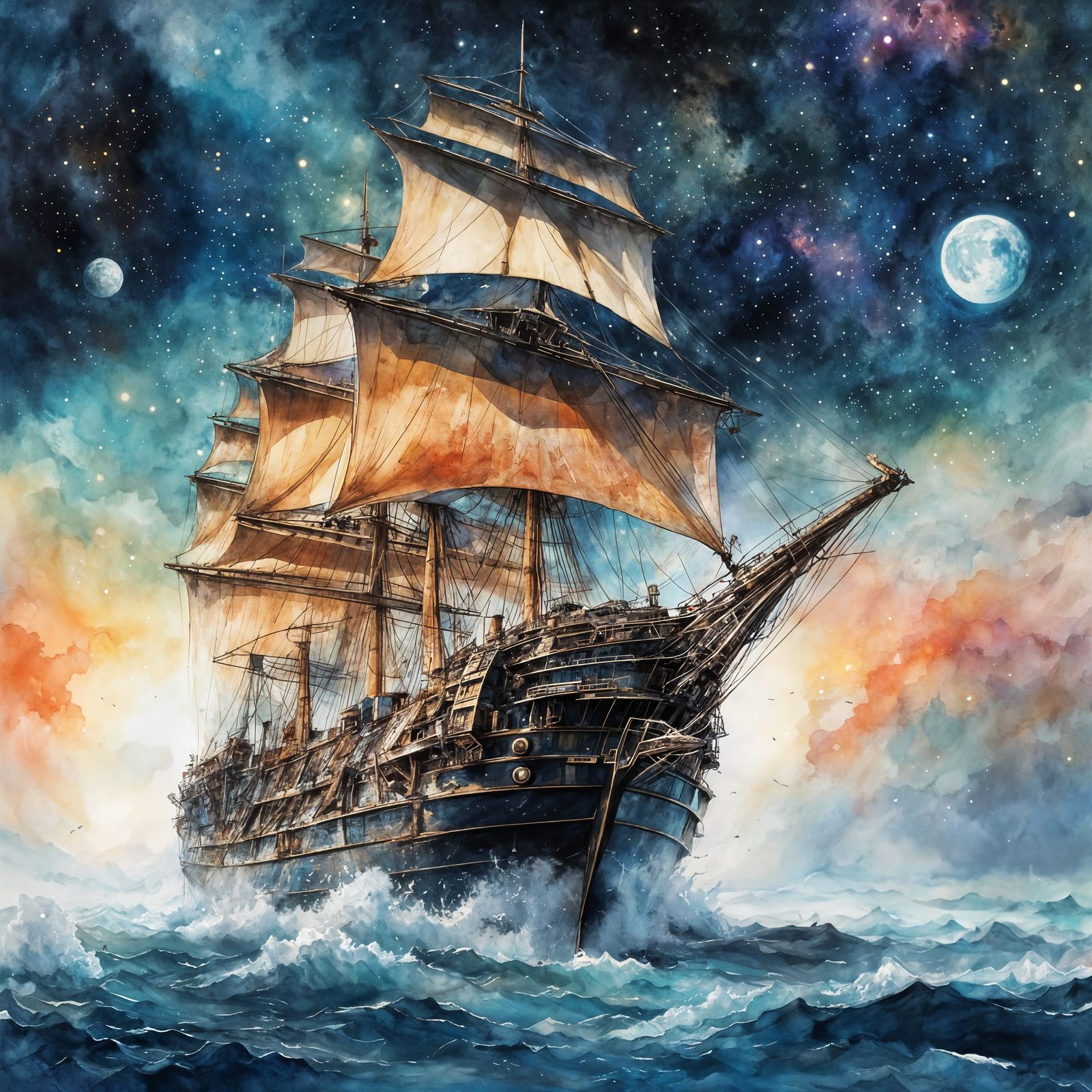 Intergalactic Sailing Ship in Watercolor Style