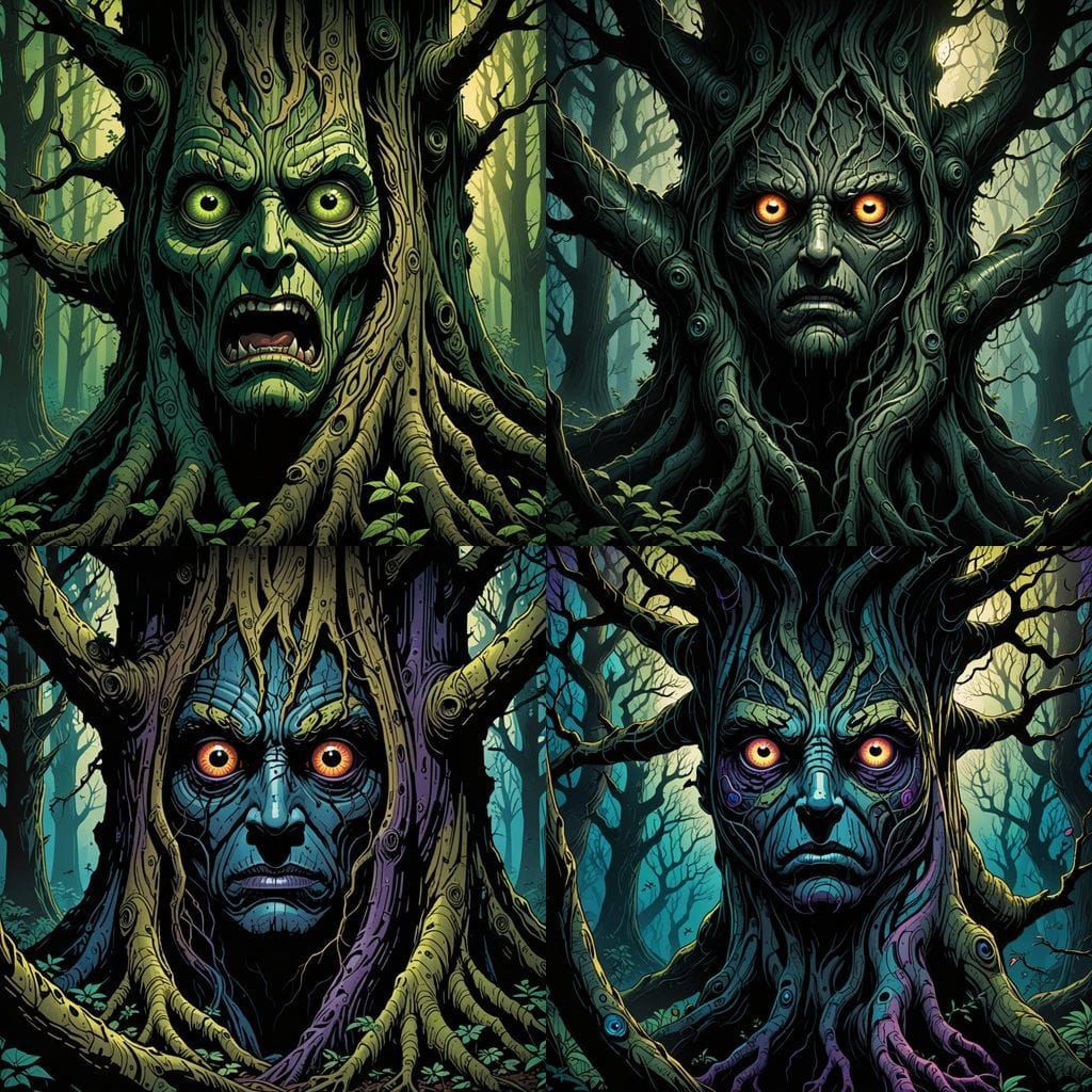 Mystical Talking Tree in Dark Forest, Comic Book Art