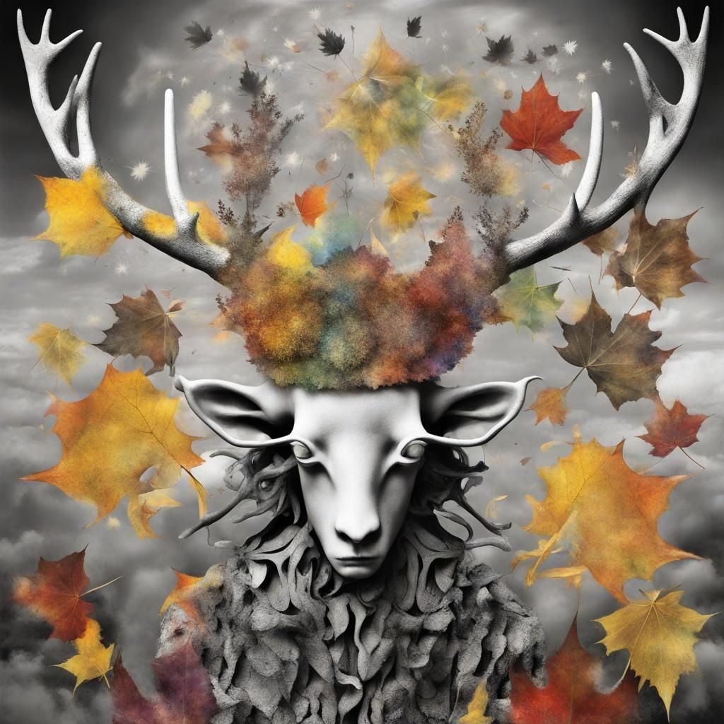 Antlered God in Dandelion Dreamscape, Surreal Illustration