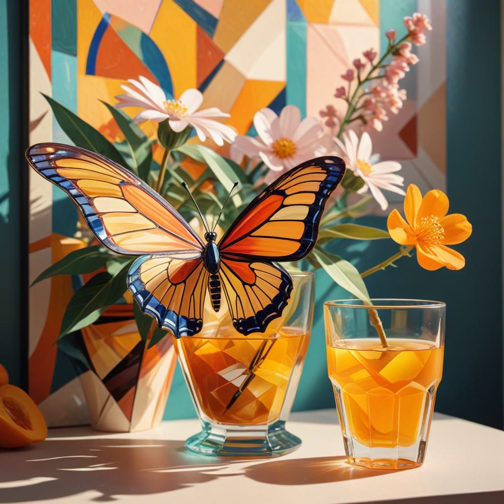 Cubist Butterfly Art with Flowers and Apricot Juice