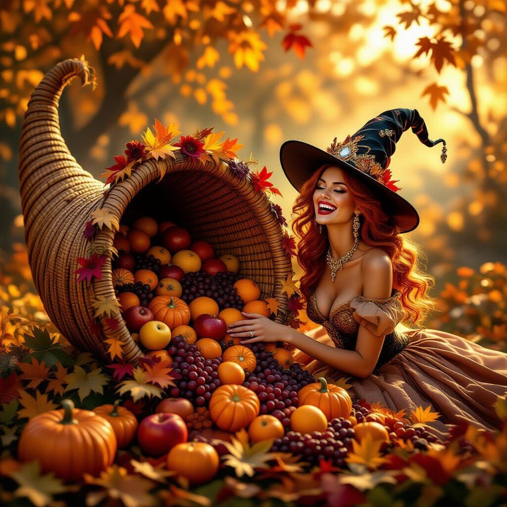 Surreal Autumn Harvest Cornucopia with Witch Hats