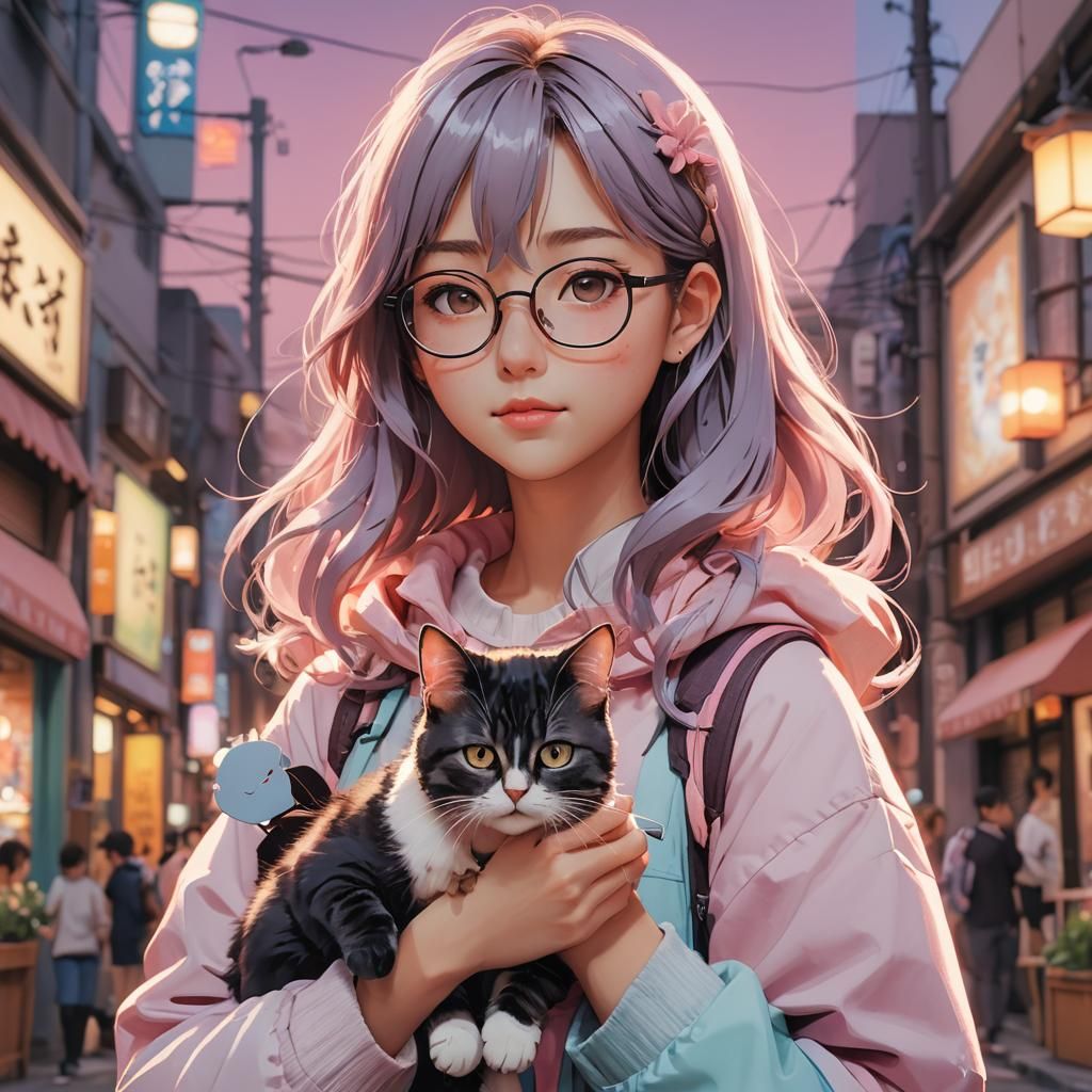 Girl with Cat: Moe-Inspired 3D Anime Art