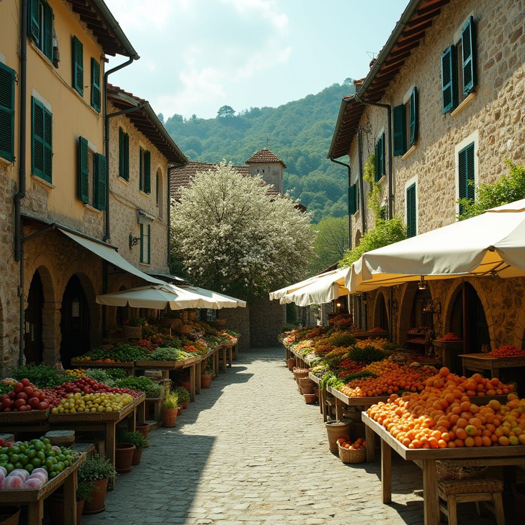 Bustling Italian Village Market in Spring