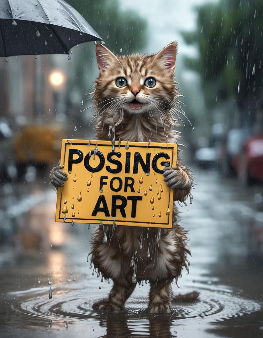 Wet Kitten Posing with Sign, Hyperrealistic Digital Art