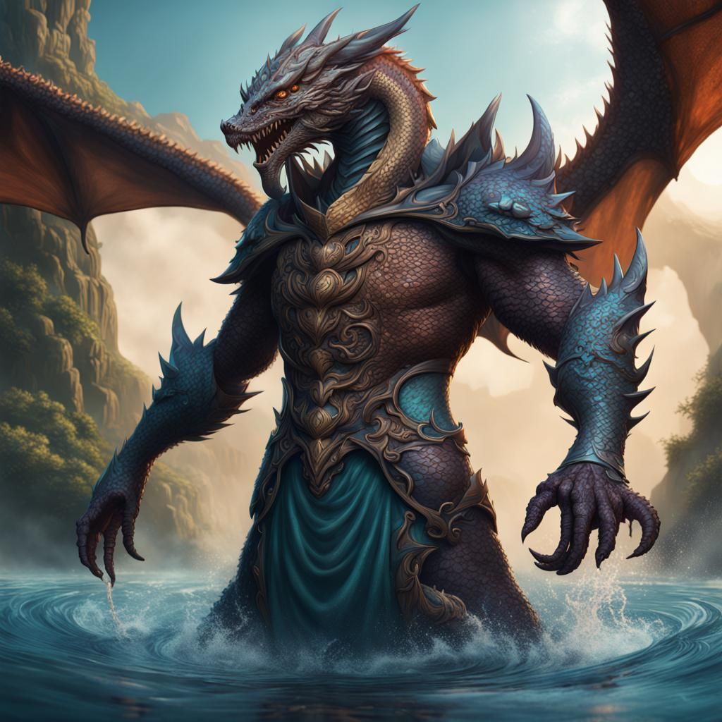 Aquatic Dragon Man: Detailed Fantasy Concept Art