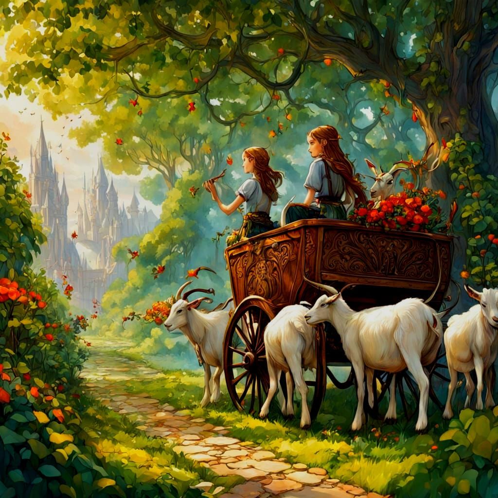 Teenager Guides Goat Cart with Two Girls Riding