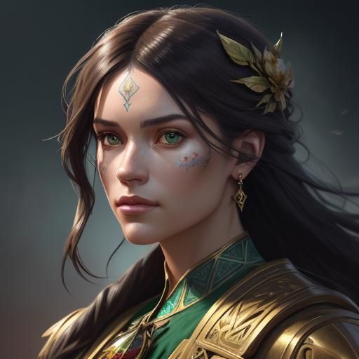 Hyperrealistic Portrait with Emerald, Gold and Crimson Color...