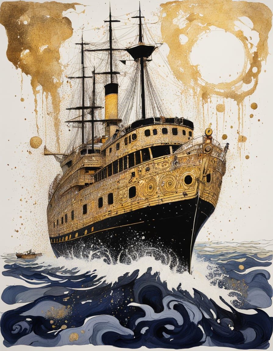 Shimmering Charged Ship as Ink Splash Art